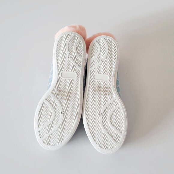 NWT / NIB Qupid blue denim-like bunny ear lace up faux fur pom pom sneakers - Picture 13 of 14